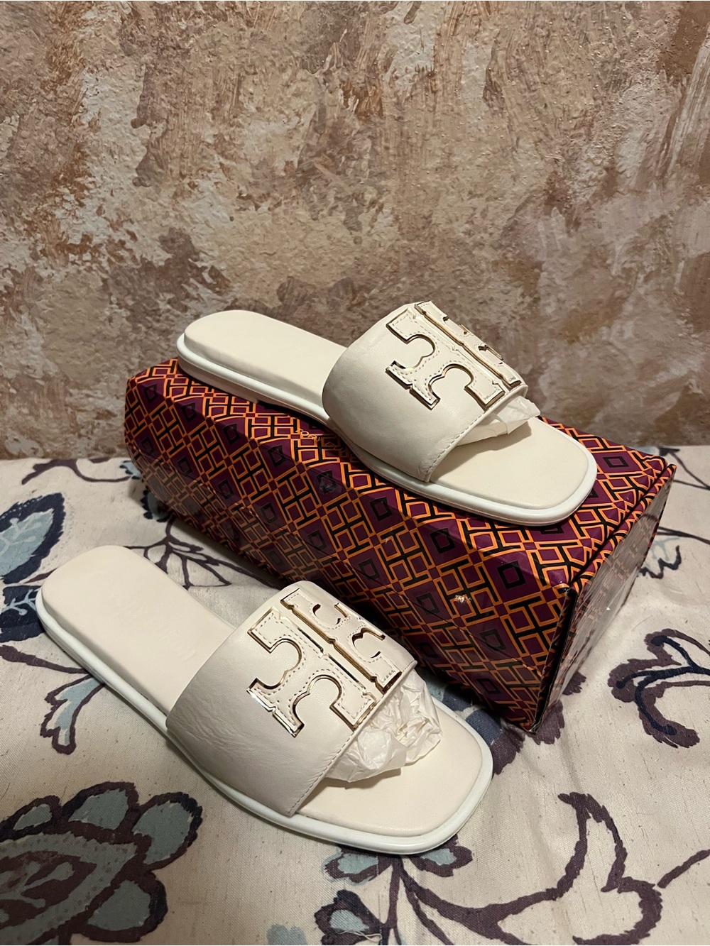 Tory Burch Cream Leather Logo Slide Sandals